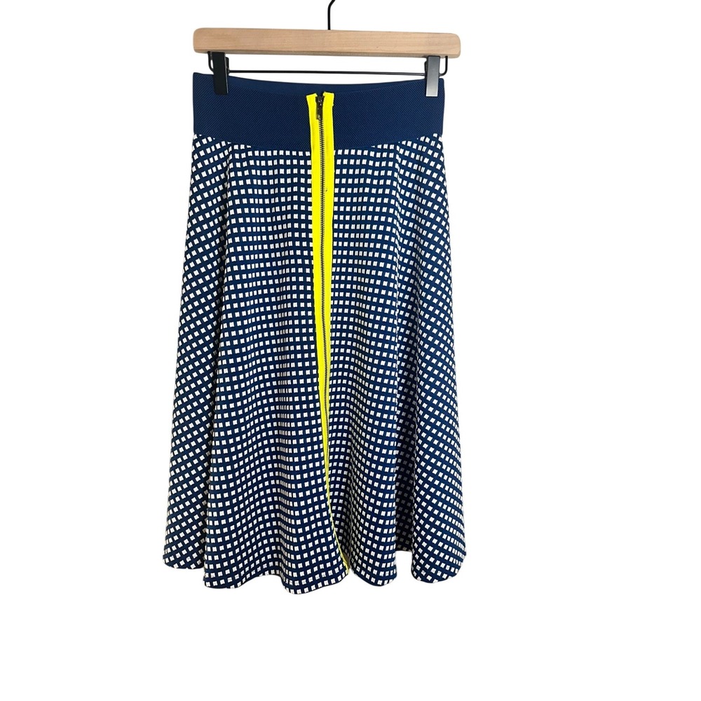 Marc Bouwer Unlimited Blue White Grid A-Line Midi Skirt Neon Yellow Zipper XS